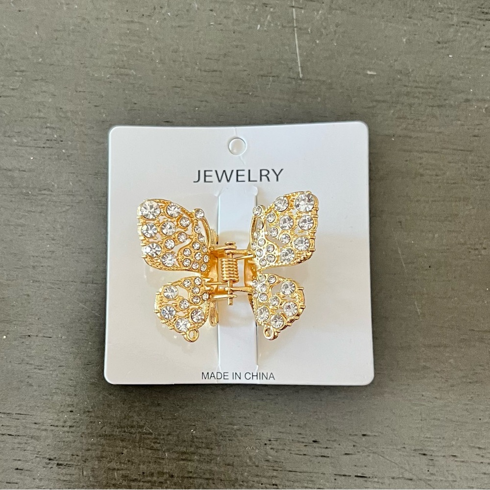 Butterfly Allover Clear Rhinestone 1.5” Gold Metal Lobster Claw Hair Clip Gift